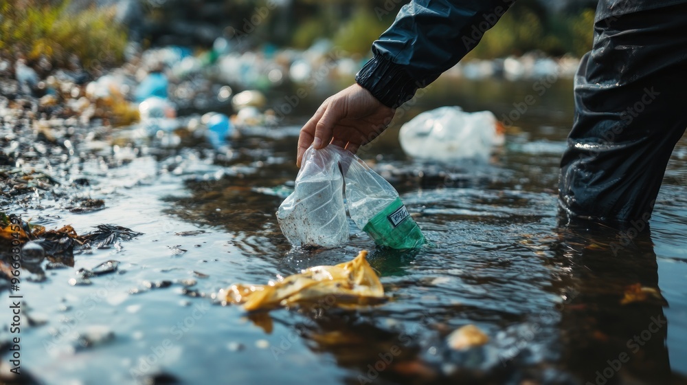 Cleaning Up Our Rivers: A Person Removing Plastic Pollution Cleaning Up Our Rivers: A Person Removing Plastic Pollution