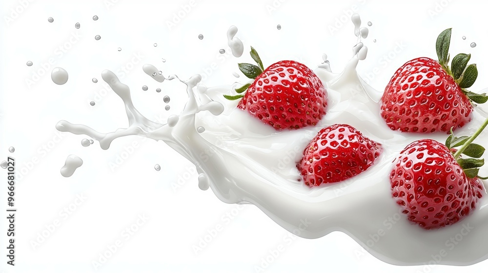 A strawberry and milk splash with a strawberry on top A strawberry and milk splash with a strawberry on top