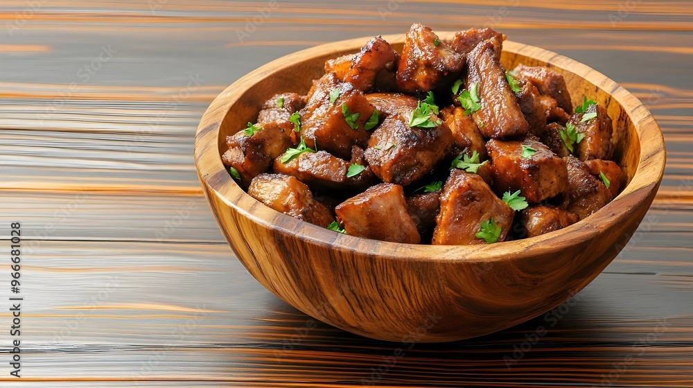 Deliciously cooked meat cubes garnished with herbs in a wooden bowl, resting on a rustic wooden table. Deliciously cooked meat cubes garnished with herbs in a wooden bowl, resting on a rustic wooden table.