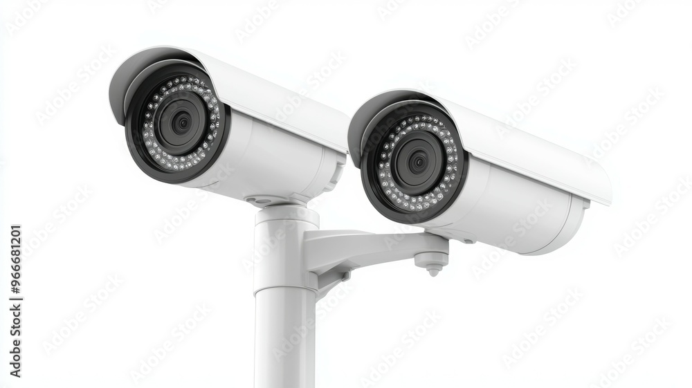 Two security cameras are mounted on a pole Two security cameras are mounted on a pole