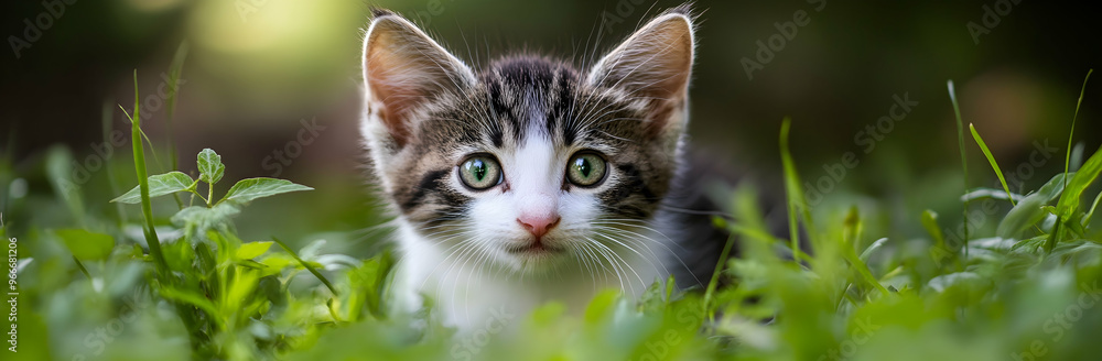 Cute kitten in green grass - banner - web header template - website simple design Cute kitten in green grass - banner - web header template - website simple design
