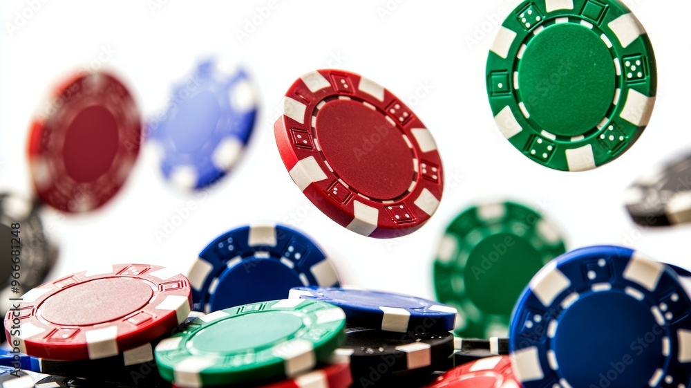A pile of colorful poker chips are flying through the air A pile of colorful poker chips are flying through the air