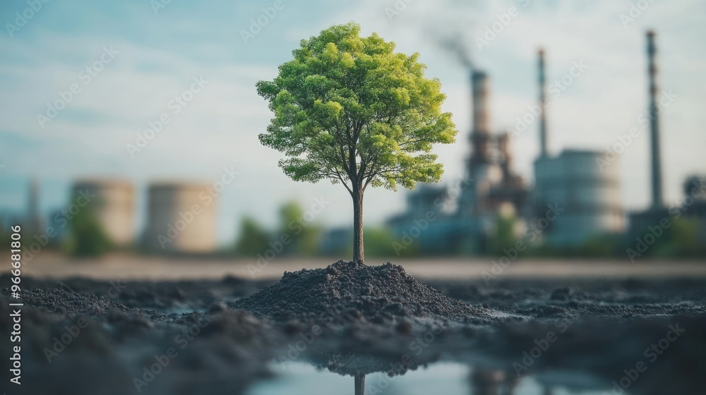 Hope Amidst Pollution: A Small Sapling Against an Industrial Landscape Hope Amidst Pollution: A Small Sapling Against an Industrial Landscape