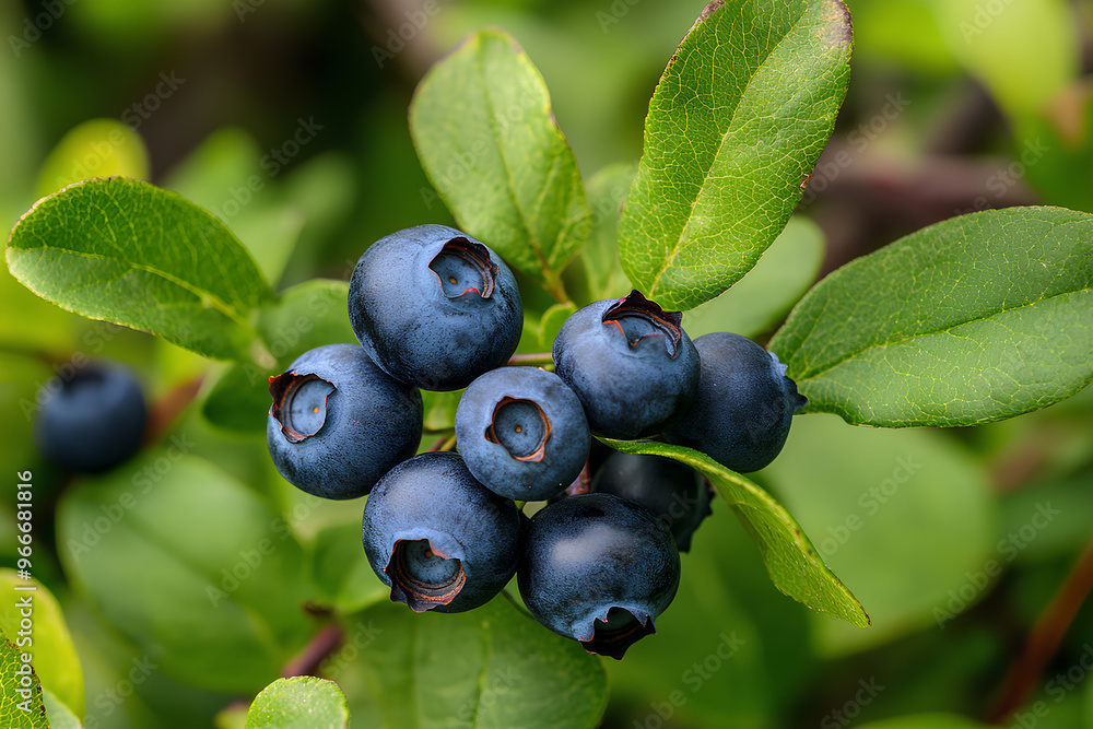 A close-up of ripe blueberries on a branch surrounded by green leaves. A close-up of ripe blueberries on a branch surrounded by green leaves.