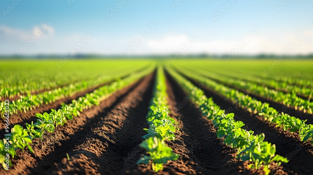 Lush green crops extend across a sunny field, showcasing rows of healthy plants and rich soil under a blue sky. Lush green crops extend across a sunny field, showcasing rows of healthy plants and rich soil under a blue sky.