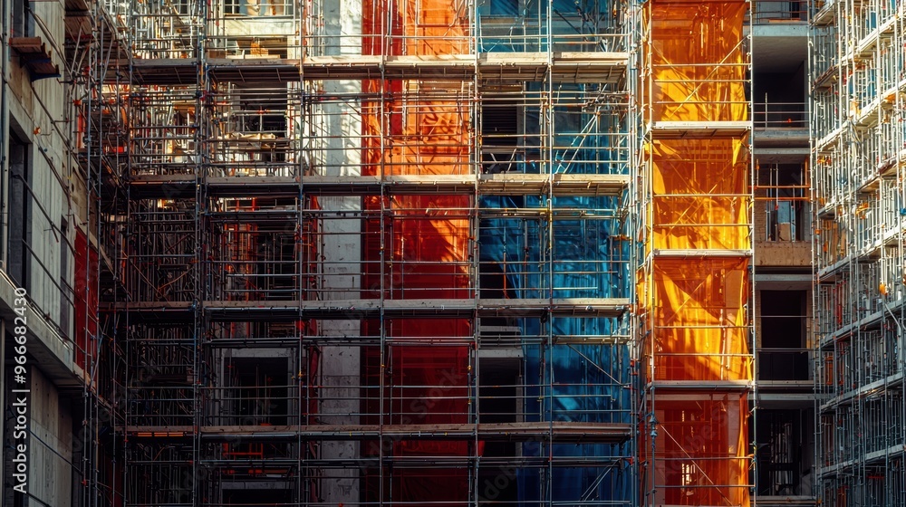 Intricate Scaffolding Grid Enveloping a Towering Architectural Facade