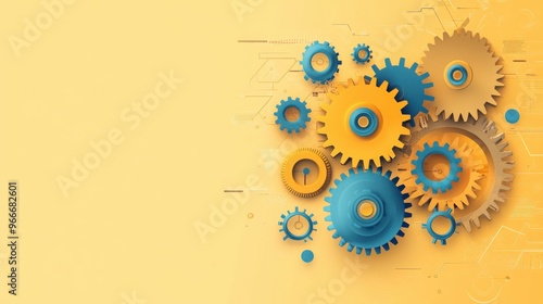 Interlocking Gears and Abstract Shapes, a visual representation of harmony between creativity and logic, set against a soft light yellow backdrop to evoke balance and innovation photo