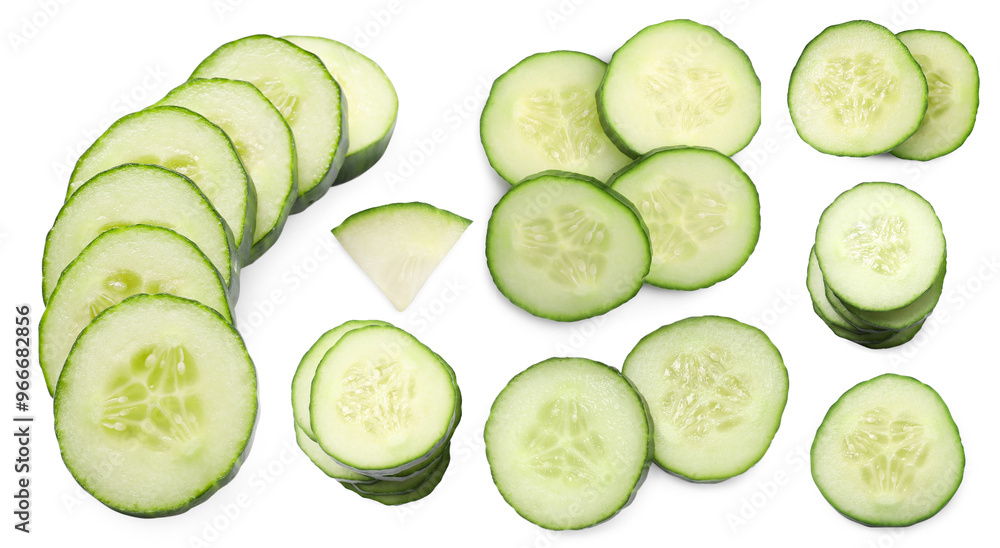 Many fresh cucumber slices on white background, collage Many fresh cucumber slices on white background, collage