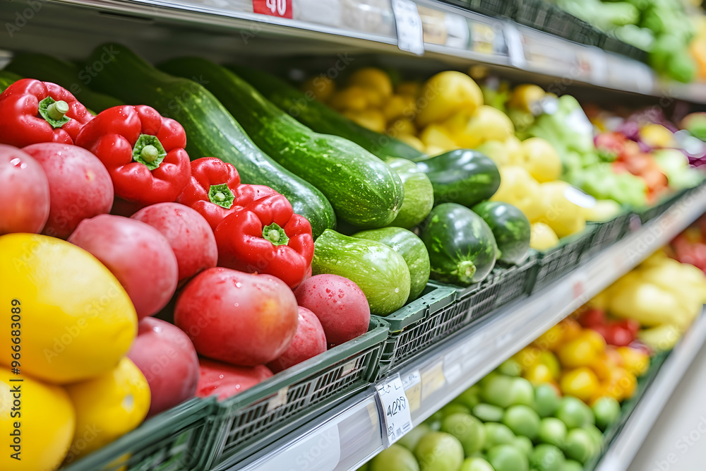 Fresh fruits and vegetables on shelf in supermarket Fresh fruits and vegetables on shelf in supermarket