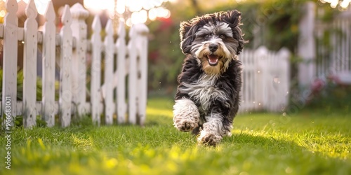 A joyful Bernedoodle engaging in play on a lush green lawn next to a charming white fence and gate. photo