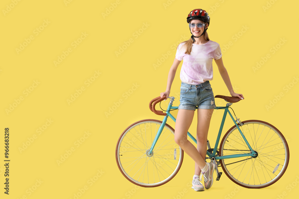 Beautiful young woman in helmet with bicycle on yellow background Beautiful young woman in helmet with bicycle on yellow background