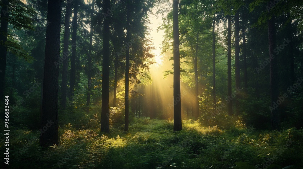 Sunlight Rays Breaking Through Misty Forest Sunlight Rays Breaking Through Misty Forest