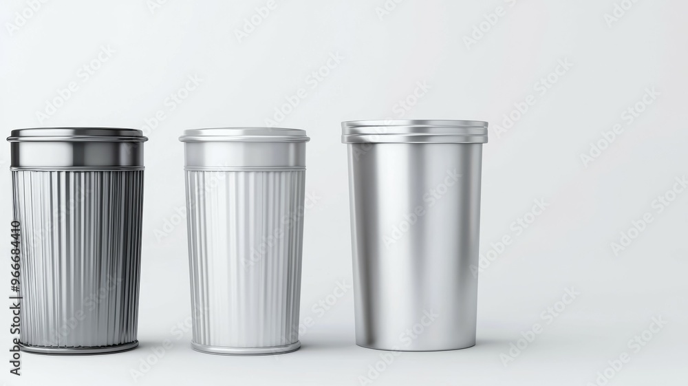 Three cans and a cup are shown on a white background Three cans and a cup are shown on a white background