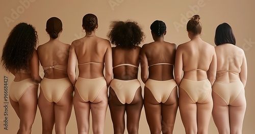 Studio no retouch cropped photo of slender fit ladies dressed lingerie accepting acne skin isolated beige color wall background.