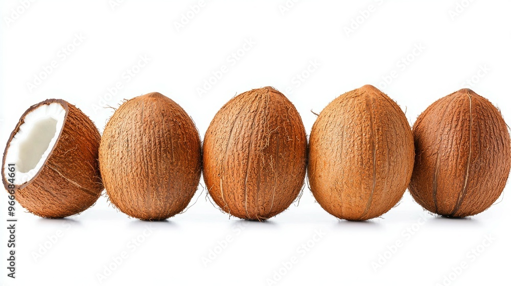 A row of coconuts with one of them cut open A row of coconuts with one of them cut open