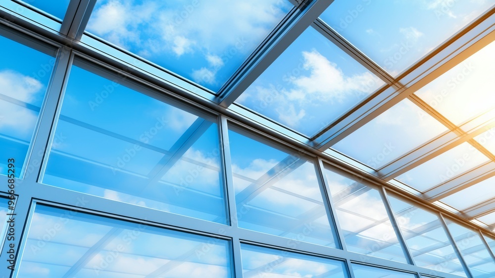A clear blue sky with a few clouds and a sun shining through the windows A clear blue sky with a few clouds and a sun shining through the windows