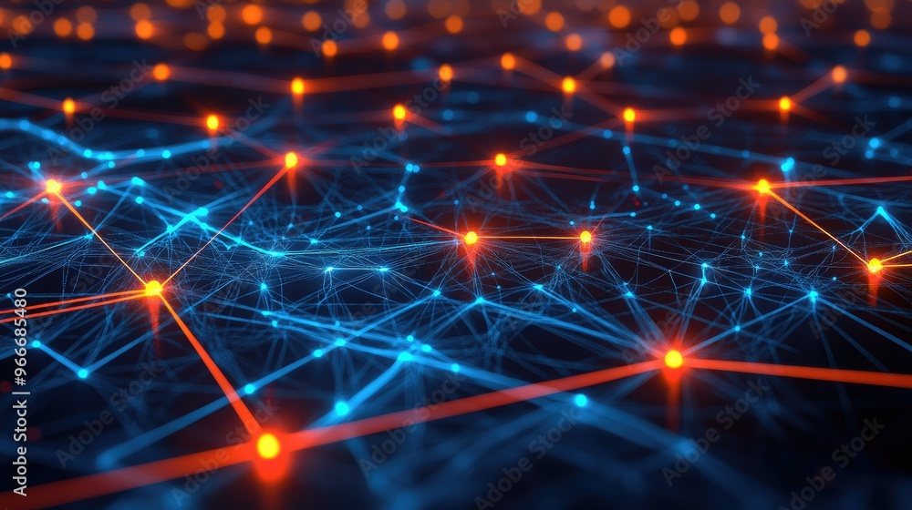 Digital nodes linked by glowing paths Digital nodes linked by glowing paths