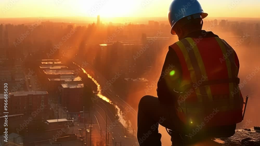 Construction worker taking a peaceful break at sunrise on a rooftop, enjoying the urban view and feeling motivated for the day ahead Construction worker taking a peaceful break at sunrise on a rooftop, enjoying the urban view and feeling motivated for the day ahead