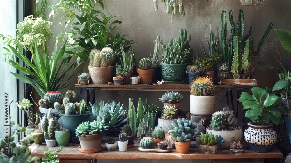A Collection of Succulents and Cacti in Pots on Wooden Shelves A Collection of Succulents and Cacti in Pots on Wooden Shelves