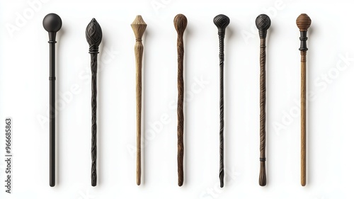 A row of six wooden sticks with different designs and colors