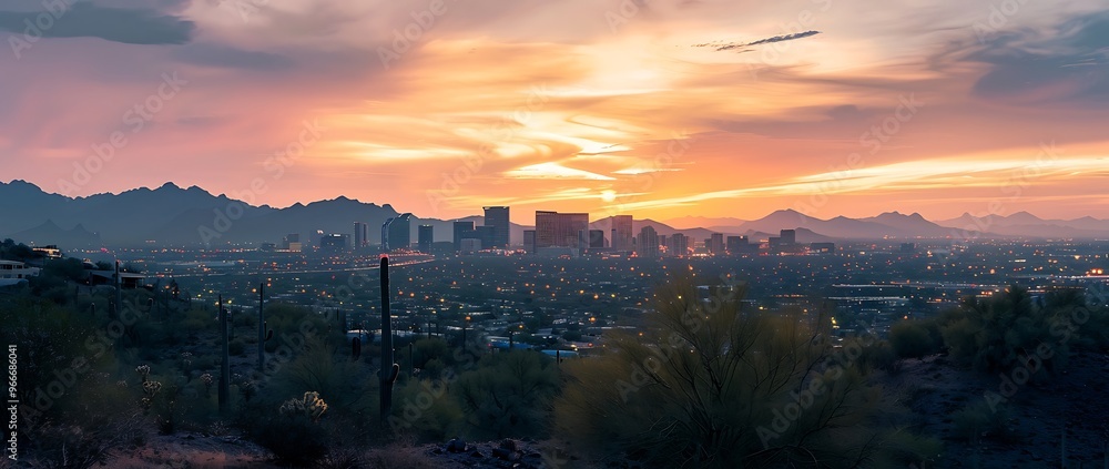 Panoramic Sunset City Skyline with Cacti Silhouettes and Mountain Range Panoramic Sunset City Skyline with Cacti Silhouettes and Mountain Range