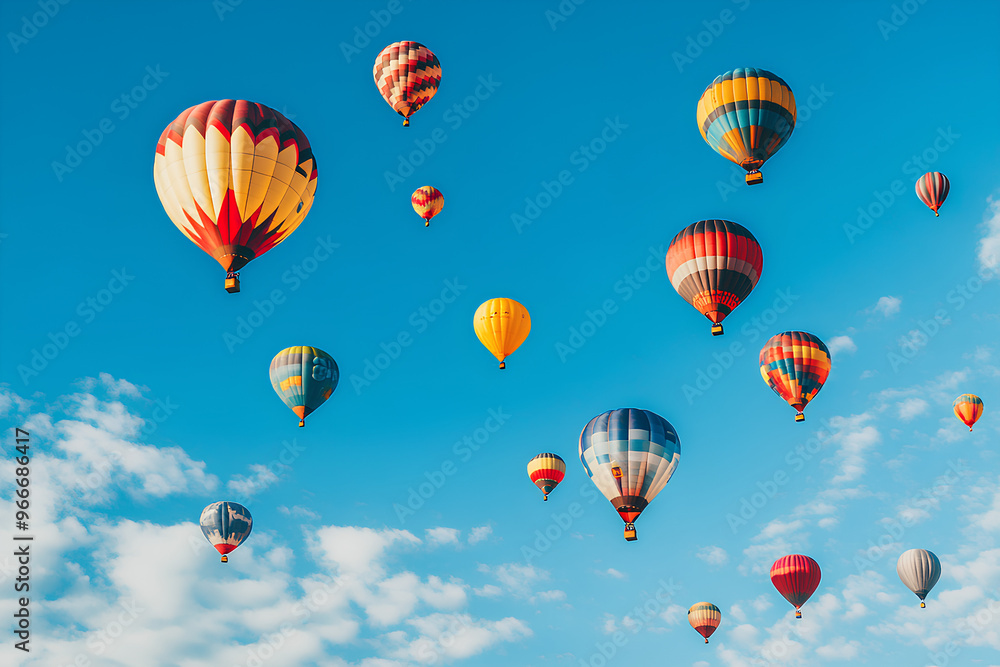 A vibrant display of colorful hot air balloons soaring in a clear blue sky. A vibrant display of colorful hot air balloons soaring in a clear blue sky.