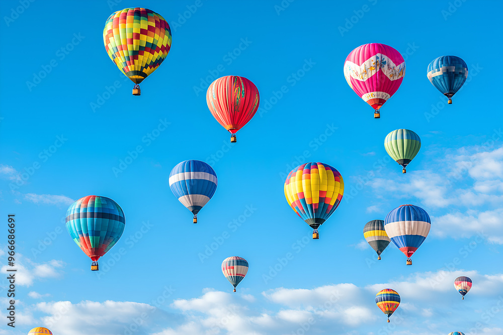 Fototapeta premium A vibrant scene of colorful hot air balloons floating in a clear blue sky.