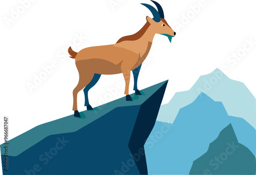 A goat is standing on a rocky mountain top. The goat is looking down at the valley below. The scene is peaceful and serene, with the goat being the only living creature in the area