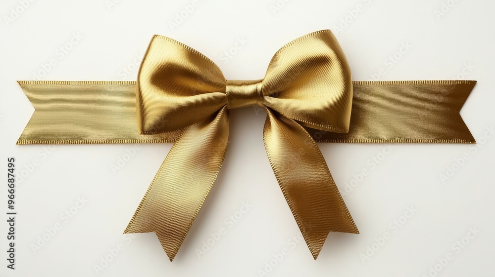 A gold ribbon bow is shown on a white background A gold ribbon bow is shown on a white background