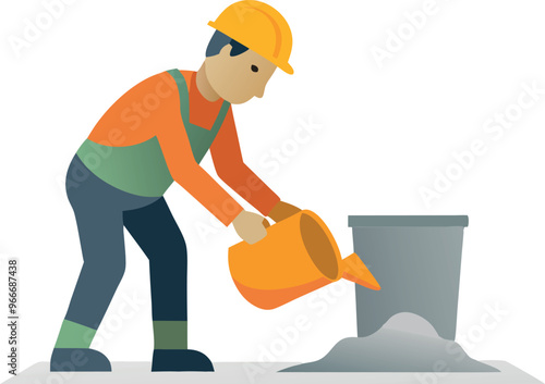 A man in a yellow helmet is pouring cement into a bucket. Concept of hard work and manual labor, as the man is engaged in a physically demanding task