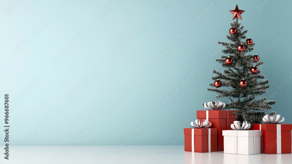 A Christmas tree with red and silver ornaments sits in front of a blue wall A Christmas tree with red and silver ornaments sits in front of a blue wall