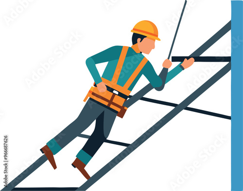A man in a hard hat is climbing a ladder. He is wearing a safety harness and is holding onto a rope