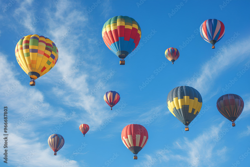 A vibrant display of colorful hot air balloons soaring in a clear blue sky. A vibrant display of colorful hot air balloons soaring in a clear blue sky.