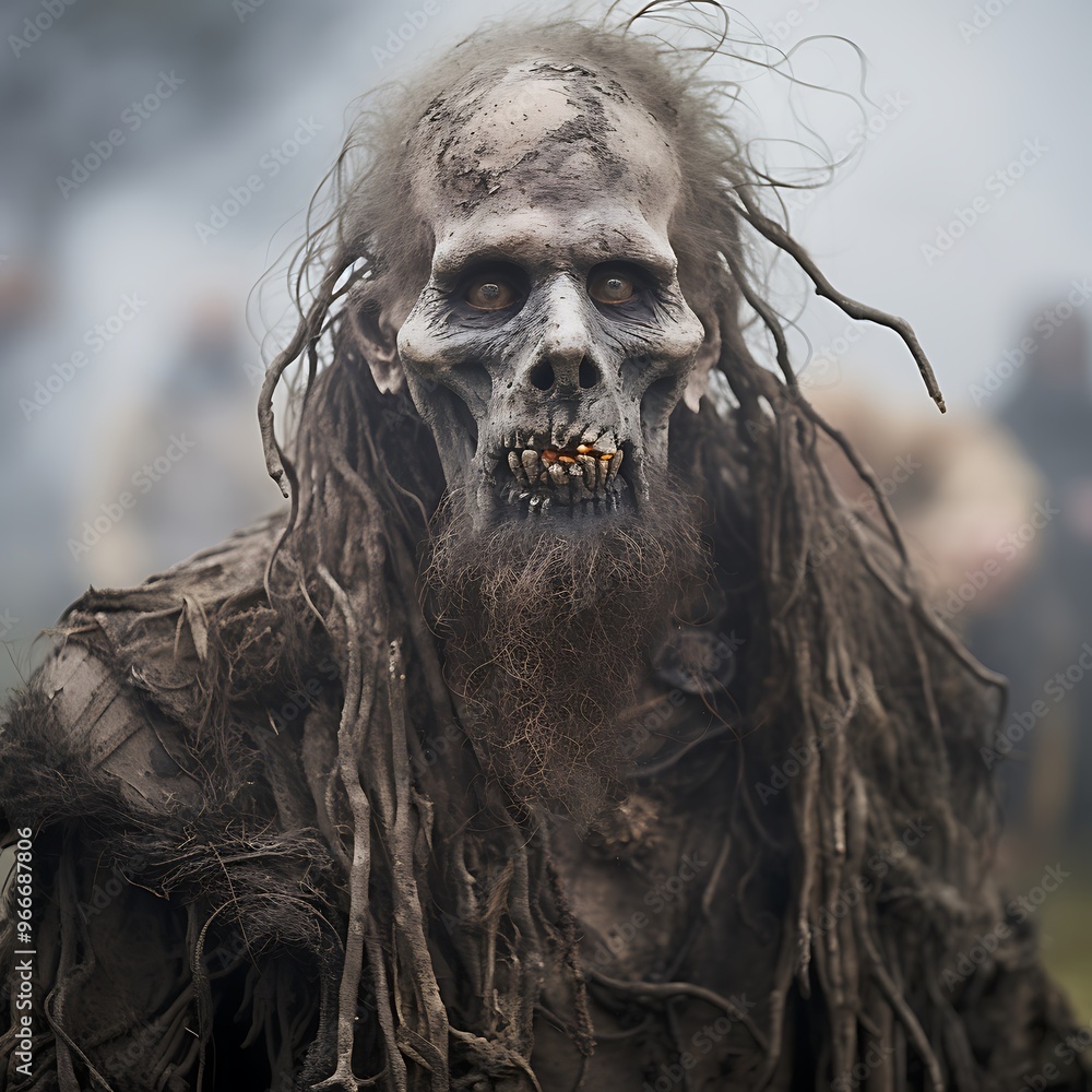 A close-up shot of a man in a zombie costume with rotting flesh, long hair, and a beard. A close-up shot of a man in a zombie costume with rotting flesh, long hair, and a beard.