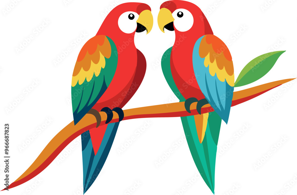 Two colorful parrots are perched on a branch. The birds are brightly colored and seem to be enjoying their time together Two colorful parrots are perched on a branch. The birds are brightly colored and seem to be enjoying their time together