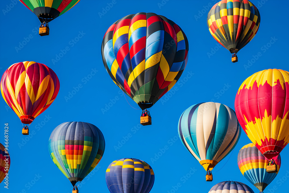 Obraz premium A vibrant display of colorful hot air balloons against a clear blue sky.