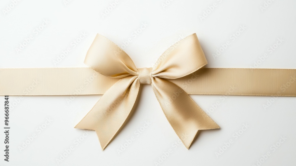 A gold ribbon bow is shown on a white background A gold ribbon bow is shown on a white background