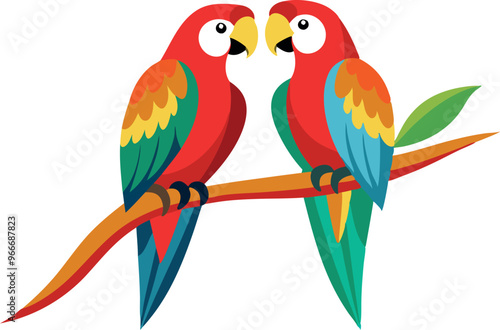 Two colorful parrots are perched on a branch. The birds are brightly colored and seem to be enjoying their time together