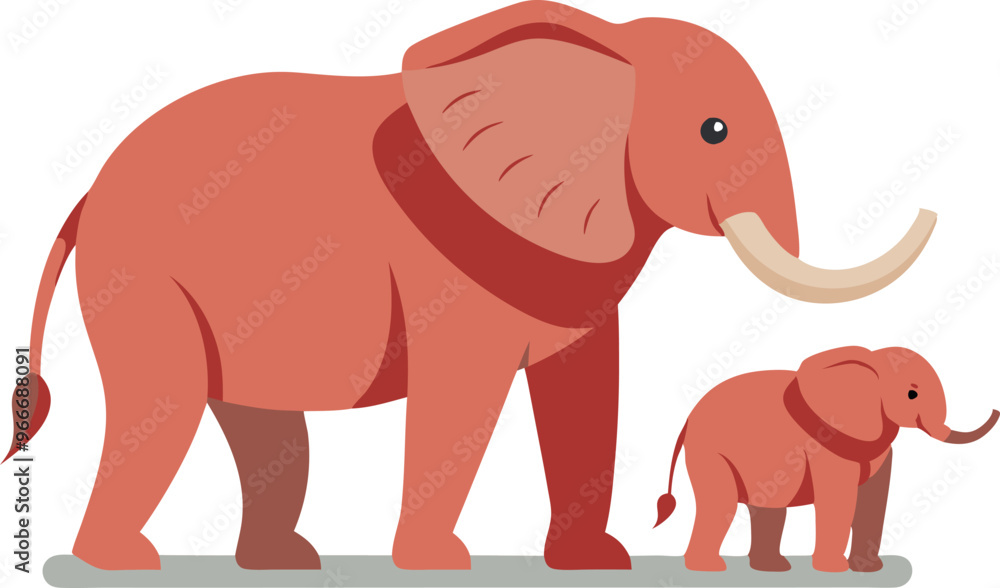 Fototapeta premium A large elephant is walking next to a smaller elephant. The two elephants are standing on a white background