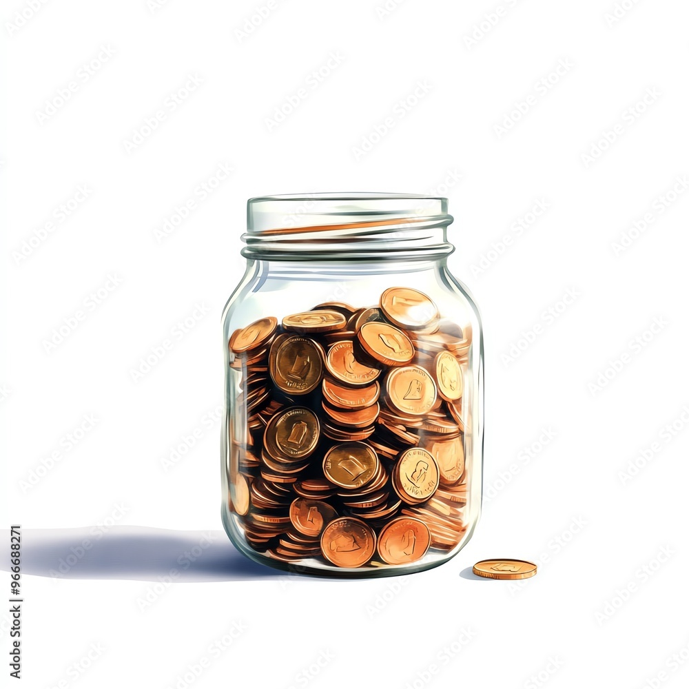 Savings jar clipart, payday concept, watercolor illustration, defined lines, glass jar with coins, isolated on white background Savings jar clipart, payday concept, watercolor illustration, defined lines, glass jar with coins, isolated on white background