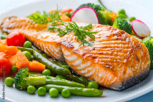 Roasted salmon steak with asparagos broccoli carrot tomatoes radish green beans and peas. Fish meal with fresh vegetable    photo