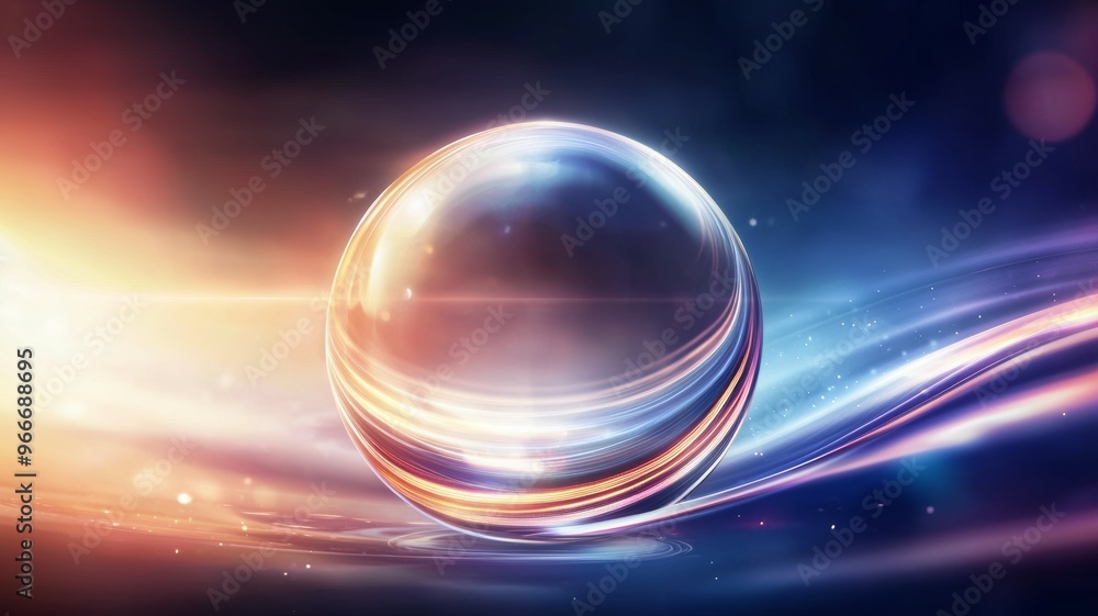 A large, colorful, and shiny sphere is floating on a blue surface A large, colorful, and shiny sphere is floating on a blue surface