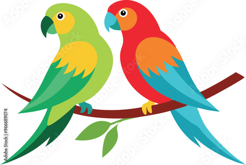 Two colorful parrots are perched on a branch. The parrots are green and red, and they are looking at the camera. The image has a cheerful and lively mood, as the parrots are bright and colorful