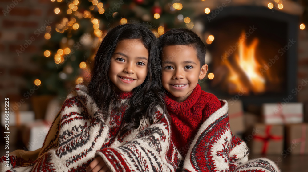 Two Hispanic siblings, wrapped in festive blankets, sit by a warm fireplace in front of a beautifully lit Christmas tree. Their smiles reflect the warmth and joy of the holiday season Two Hispanic siblings, wrapped in festive blankets, sit by a warm fireplace in front of a beautifully lit Christmas tree. Their smiles reflect the warmth and joy of the holiday season