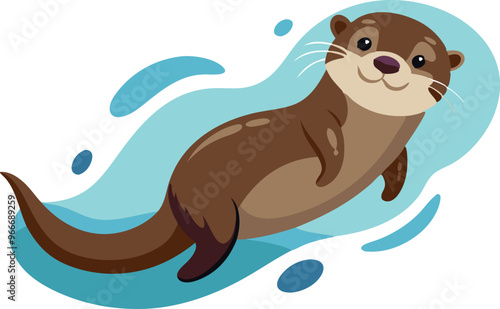A cartoon otter is swimming in the water. The otter is smiling and he is enjoying itself