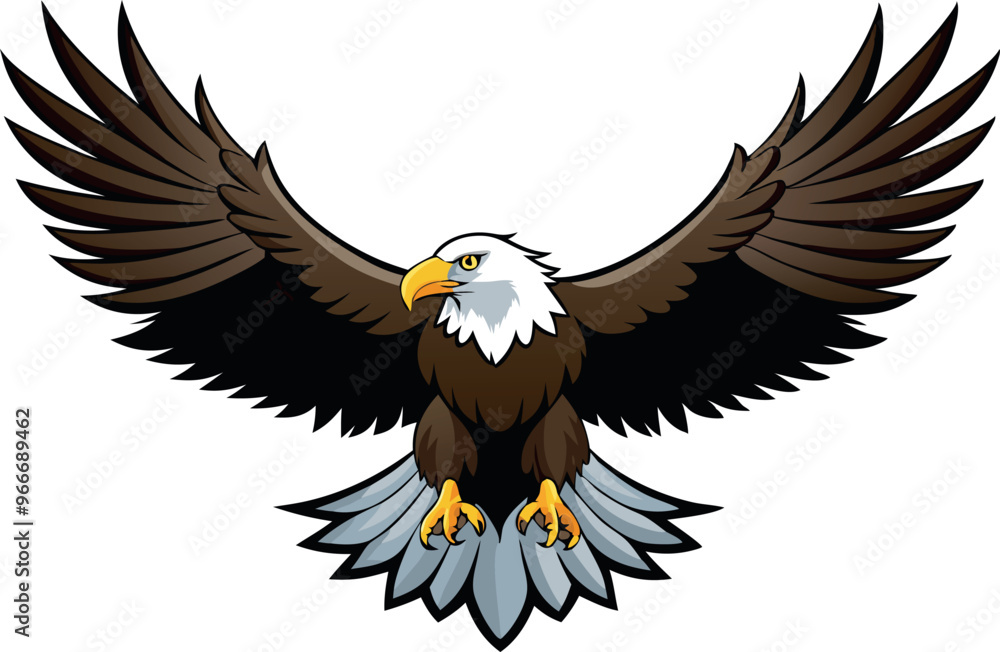 Obraz premium A large eagle with its wings spread out. The eagle is looking at the camera. The eagle is the main focus of the image