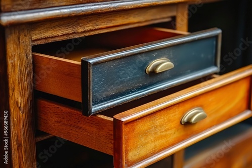 Wooden Dresser with Open Drawers and Brass Handles