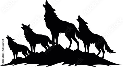 Four wolves are standing on a rocky hillside, howling at the moon. Concept of wildness and freedom, as the wolves are free to roam and express themselves in their natural habitat
