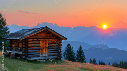 Charming view with small wooden log cabin on meadow Alpe di Siusi at sunrise.