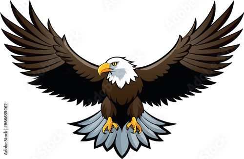 A large eagle with its wings spread out. The eagle is looking at the camera. The eagle is the main focus of the image